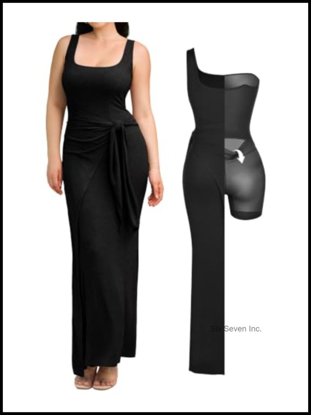 Shapewear Bodycon Wrap Dress Built-in Bra Tummy Control Maxi Midi